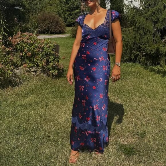 Free People Butterfly Babe Midi Dress NWT Navy Combo Size XL - Picture 1 of 15